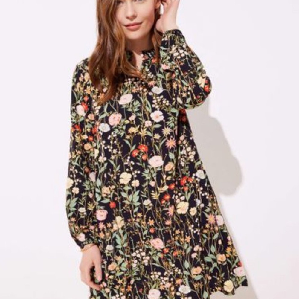 Loft Black Floral Ruffle Tie V-Neck Dress M